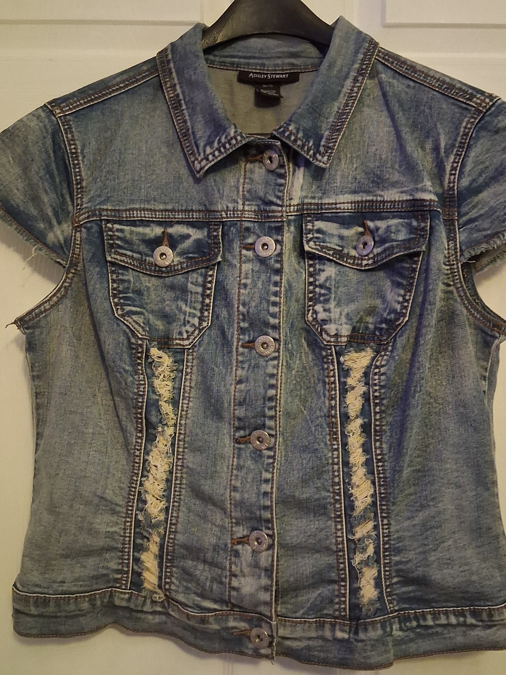 Ashley Stewart Light Blue Distressed Denim Vest